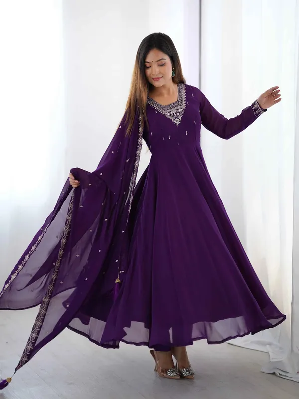 Purple_Designer_Embroidery_Beads_And_Zari_Work_Gown_With_Dupatta_For_Women