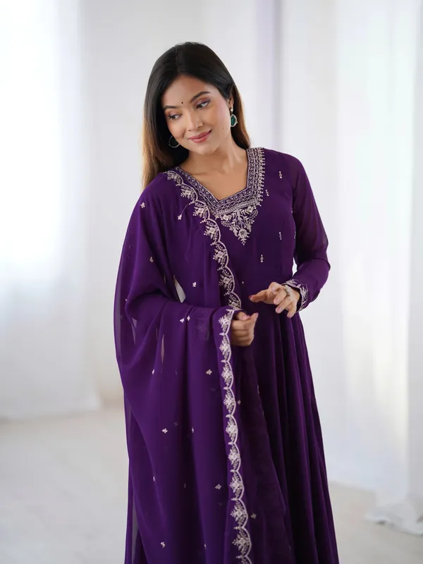 Purple_Designer_Embroidery_Beads_And_Zari_Work_Gown_With_Dupatta_For_Women