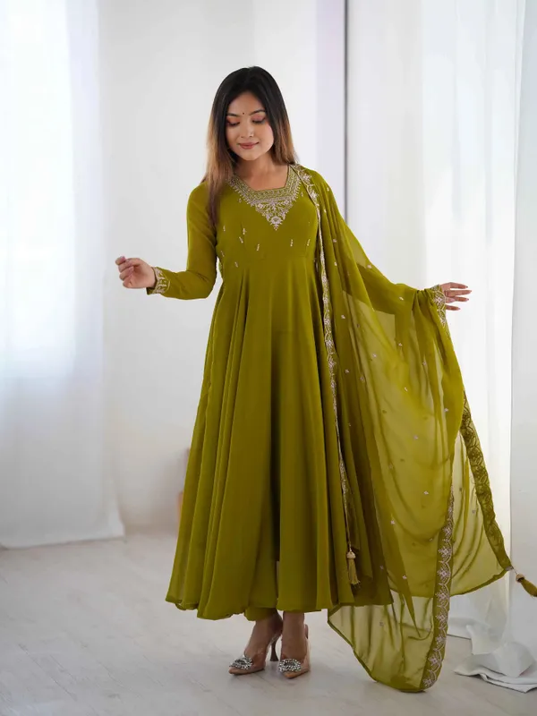 Mehndi_Green_Designer_Embroidery_Beads_And_Zari_Work_Gown_With_Dupatta_For_Women