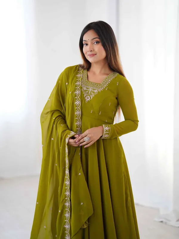 Mehndi_Green_Designer_Embroidery_Beads_And_Zari_Work_Gown_With_Dupatta_For_Women