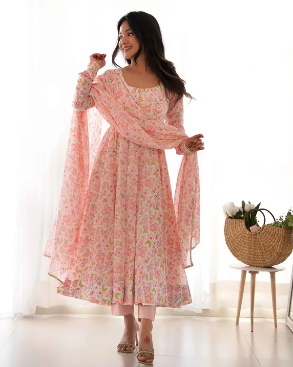 Peach_Chiffon_Anarkali_Gown_With_Floral_Print_With_Dupatta_For_Women