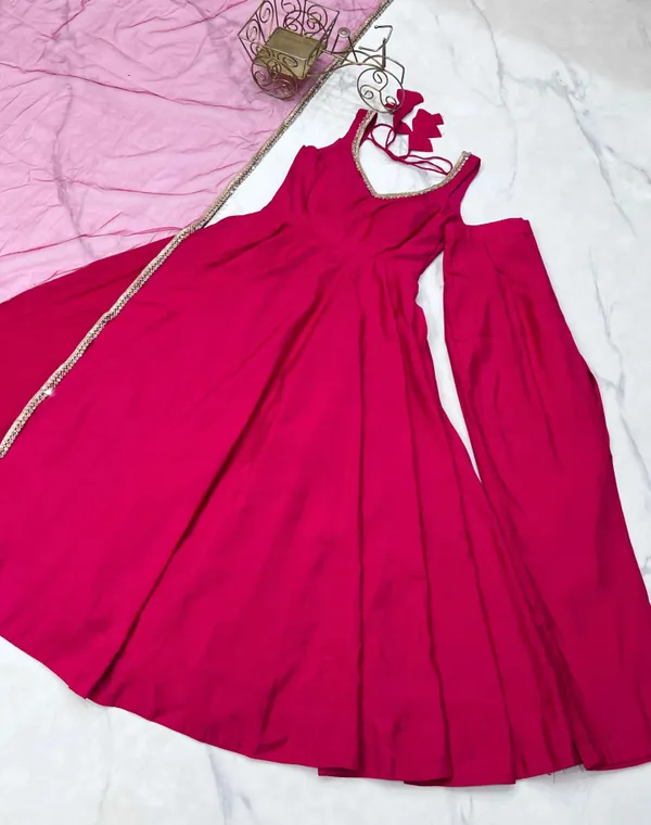 Rani_Pink_Roman_Silk_Plain_Gown_With_Mirror_Work_And_Net_Dupatta_For_Women