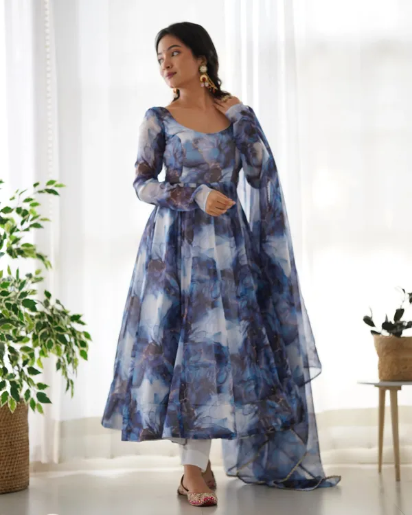 Navy_Blue_Organza_Silk_With_Marble_Print_Anarkali_Gown_And_Dupatta_For_Women