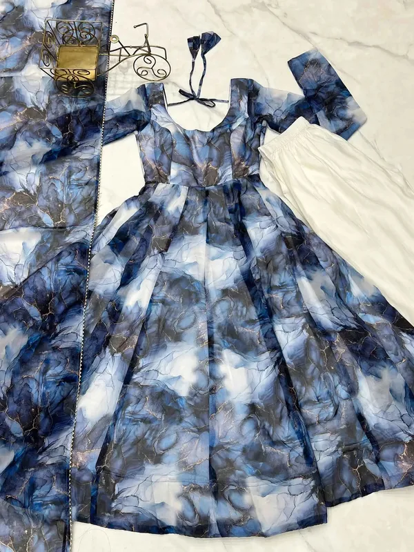 Navy_Blue_Organza_Silk_With_Marble_Print_Anarkali_Gown_And_Dupatta_For_Women