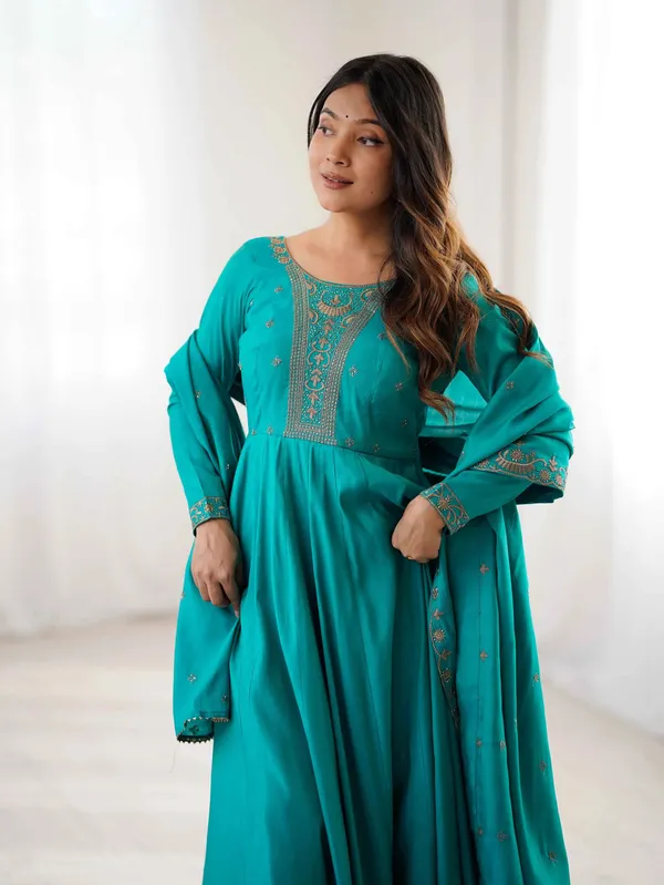 Dark_Cyan_Silk_Gown_With_Beads_Hand_Work_For_Women