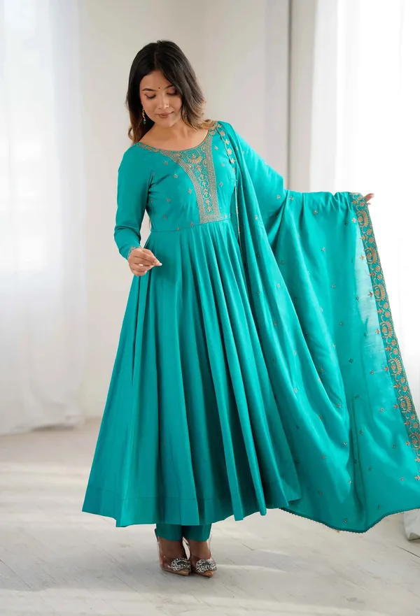 Dark_Cyan_Silk_Gown_With_Beads_Hand_Work_For_Women