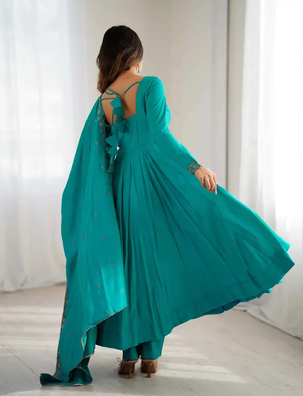 Dark_Cyan_Silk_Gown_With_Beads_Hand_Work_For_Women