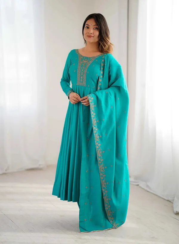 Dark_Cyan_Silk_Gown_With_Beads_Hand_Work_For_Women