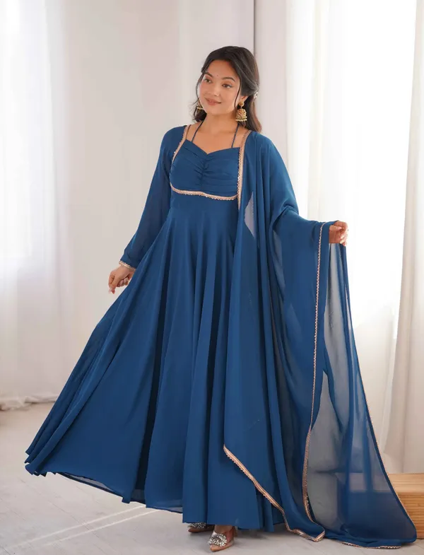Designer_Teal_Blue_Georgette_Gown_And_Dupatta_For_Women