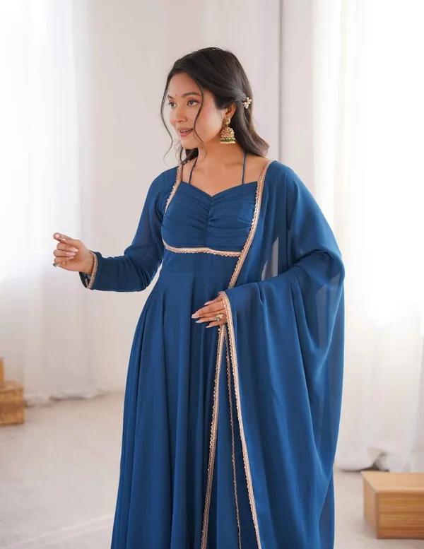 Designer_Teal_Blue_Georgette_Gown_And_Dupatta_For_Women