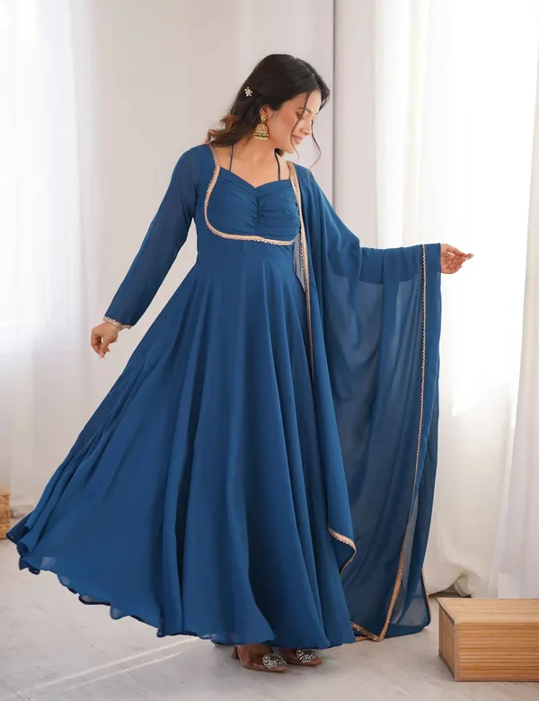 Designer_Teal_Blue_Georgette_Gown_And_Dupatta_For_Women