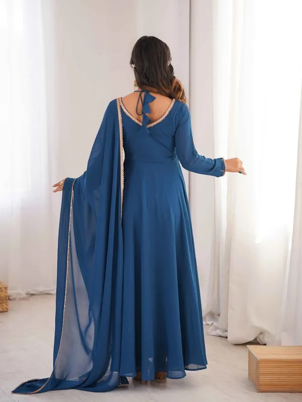 Designer_Teal_Blue_Georgette_Gown_And_Dupatta_For_Women