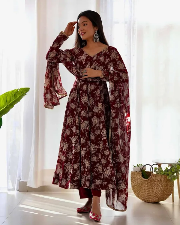 Dark_Maroon_Georgette_Multi_Floral_Print_Anarkali_Gown_With_Dupatta_For_Women