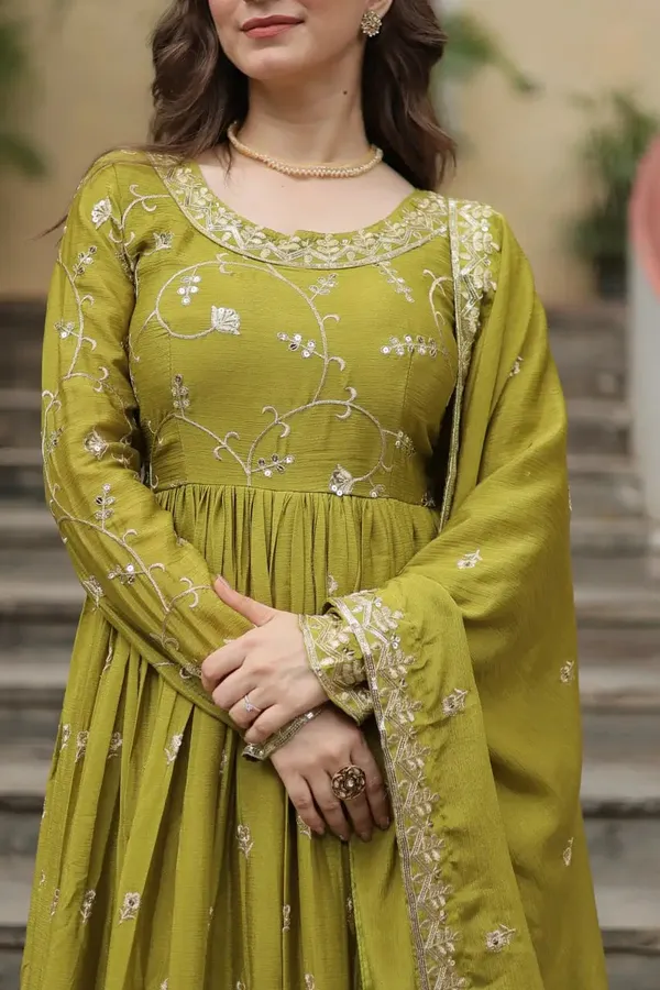 Parrot_Chinon_Rich_Sequins_Embroidery_Work_Side_Cut_Gown_With_Dupatta_And_Sharara_For_Women