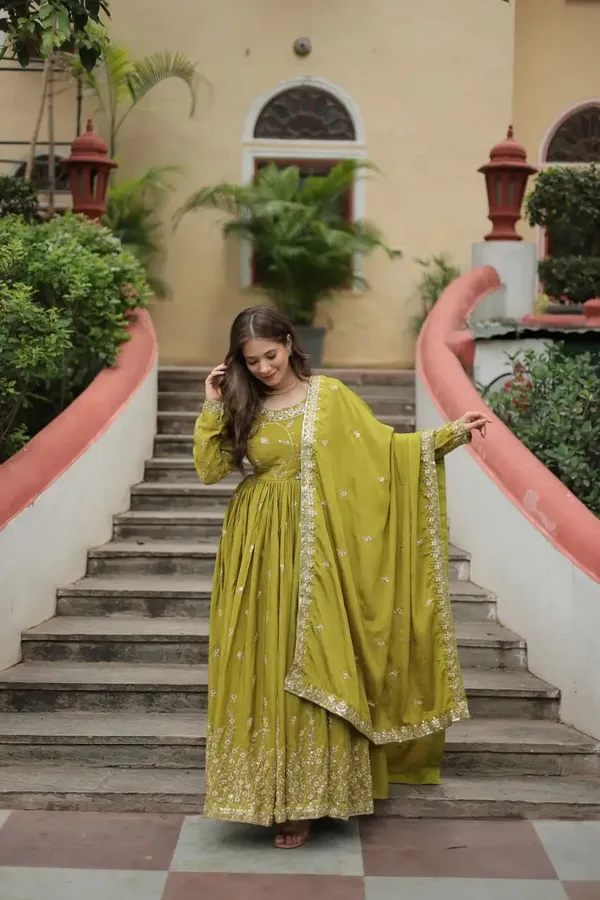 Parrot_Chinon_Rich_Sequins_Embroidery_Work_Side_Cut_Gown_With_Dupatta_And_Sharara_For_Women