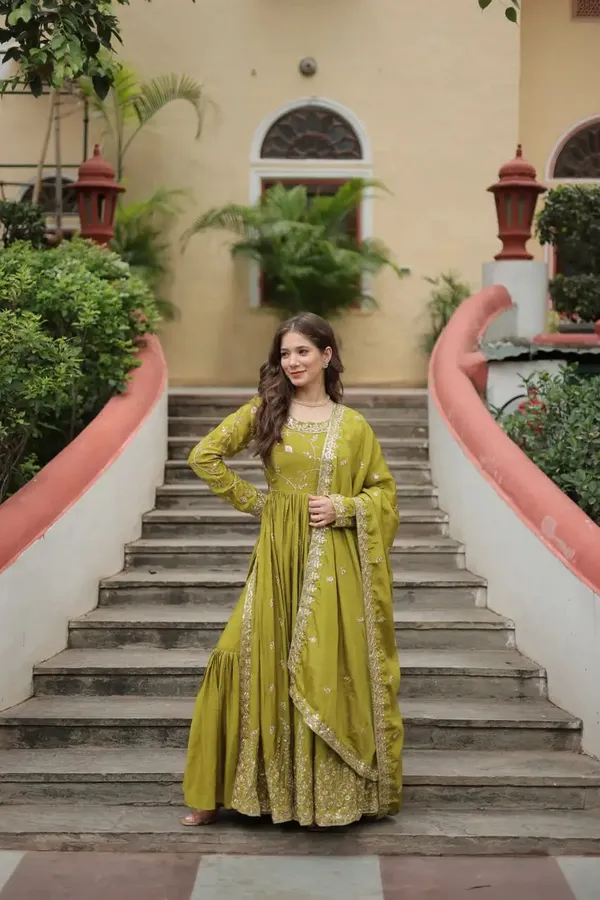 Parrot_Chinon_Rich_Sequins_Embroidery_Work_Side_Cut_Gown_With_Dupatta_And_Sharara_For_Women