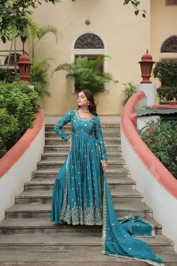 Rama_Chinon_Rich_Sequins_Embroidery_Work_Side_Cut_Gown_With_Dupatta_And_Sharara_For_Women
