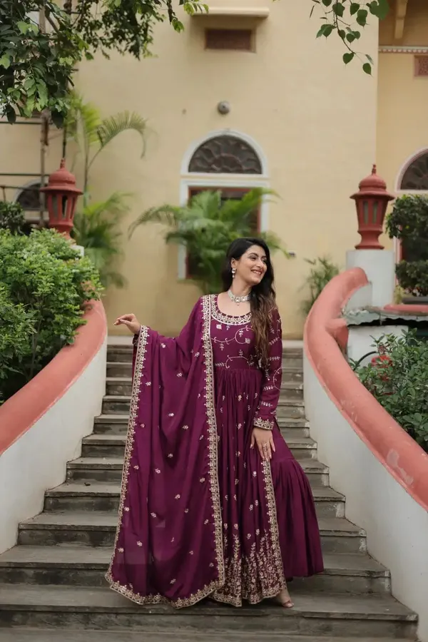 Wine_Chinon_Rich_Sequins_Embroidery_Work_Side_Cut_Gown_With_Dupatta_And_Sharara_For_Women