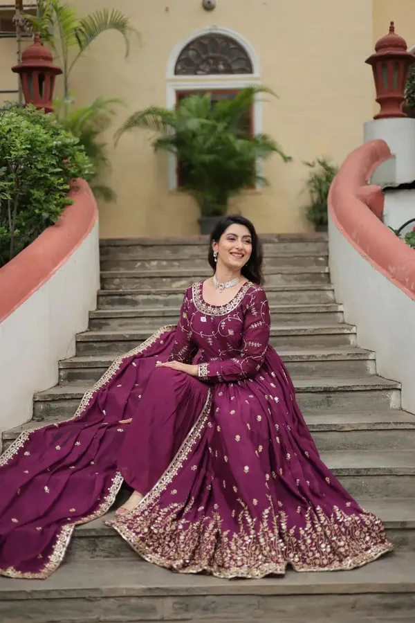 Wine_Chinon_Rich_Sequins_Embroidery_Work_Side_Cut_Gown_With_Dupatta_And_Sharara_For_Women