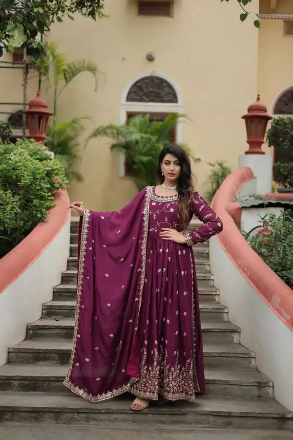 Wine_Chinon_Rich_Sequins_Embroidery_Work_Side_Cut_Gown_With_Dupatta_And_Sharara_For_Women