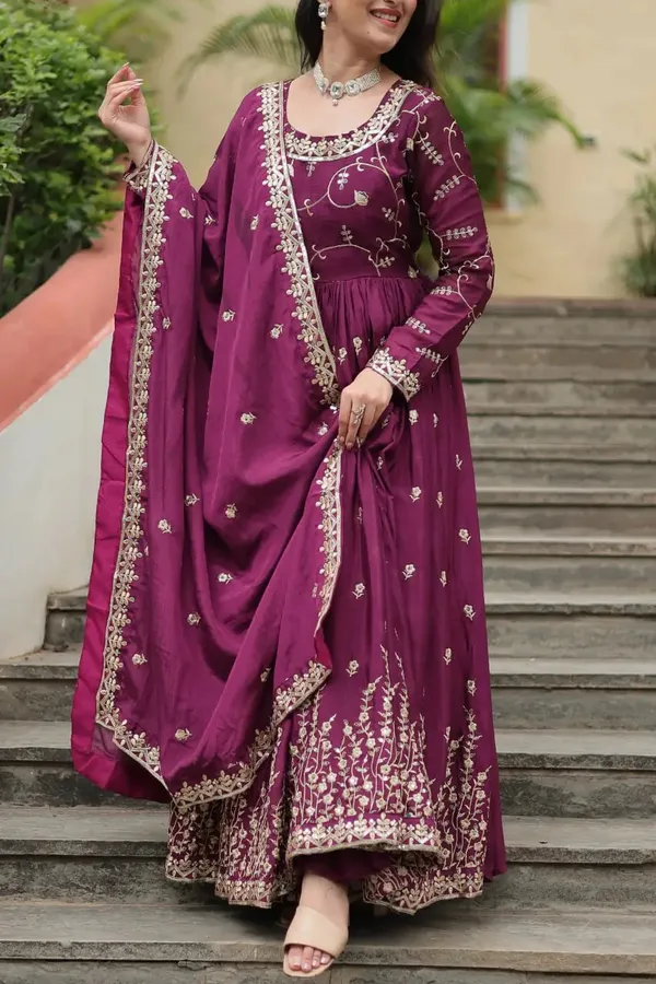 Wine_Chinon_Rich_Sequins_Embroidery_Work_Side_Cut_Gown_With_Dupatta_And_Sharara_For_Women