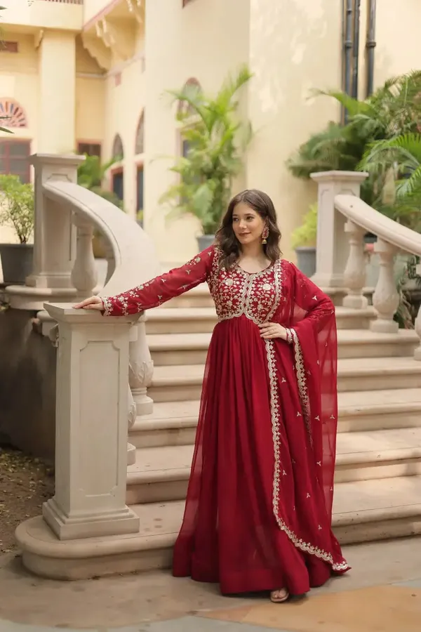 Maroon_Georgette_Multi_Sequins_Zari_Embroidery_Work_Gown_With_Dupatta_For_Women