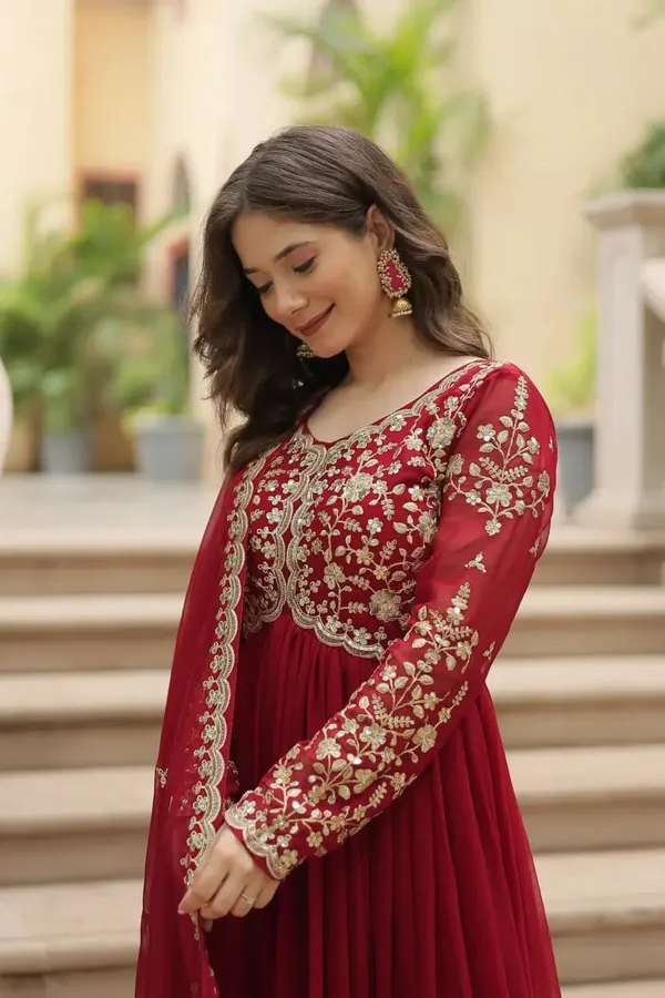 Maroon_Georgette_Multi_Sequins_Zari_Embroidery_Work_Gown_With_Dupatta_For_Women