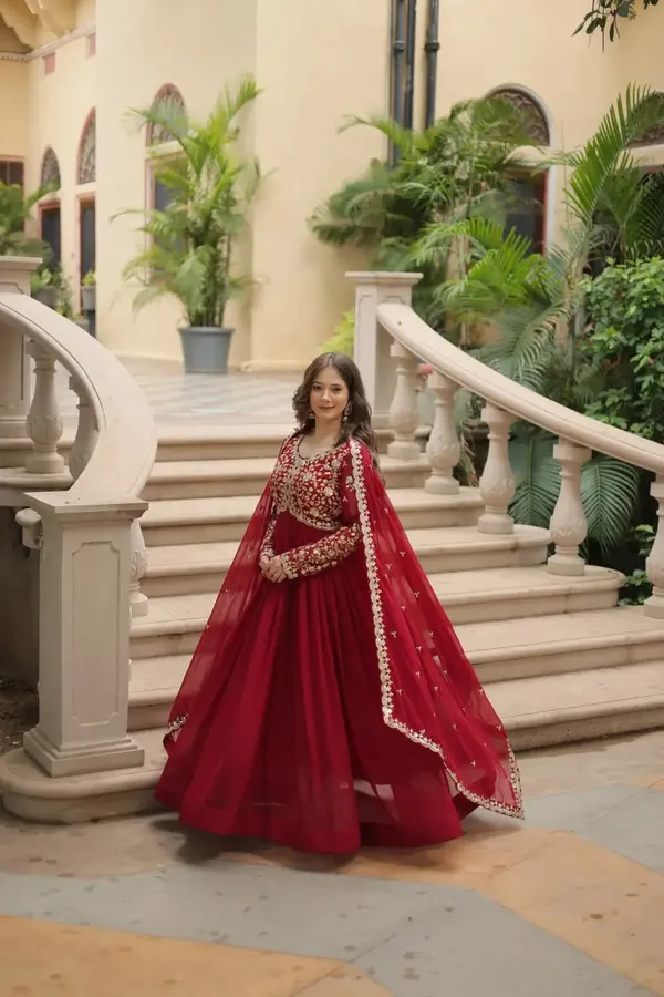 Maroon_Georgette_Multi_Sequins_Zari_Embroidery_Work_Gown_With_Dupatta_For_Women