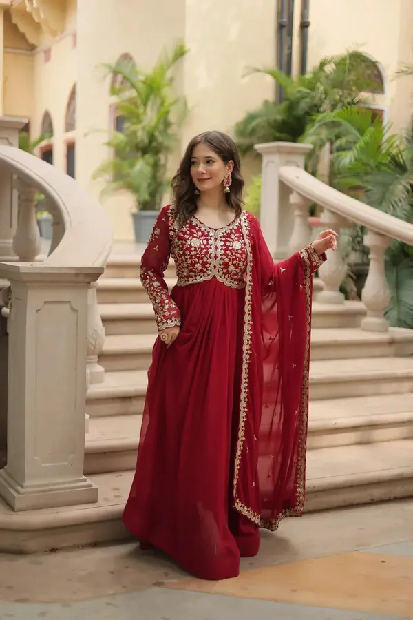 Maroon_Georgette_Multi_Sequins_Zari_Embroidery_Work_Gown_With_Dupatta_For_Women