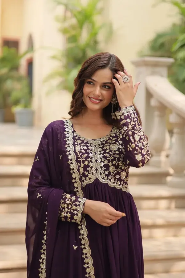 Cinder_Wine_Georgette_Multi_Sequins_Zari_Embroidery_Work_Gown_With_Dupatta_For_Women