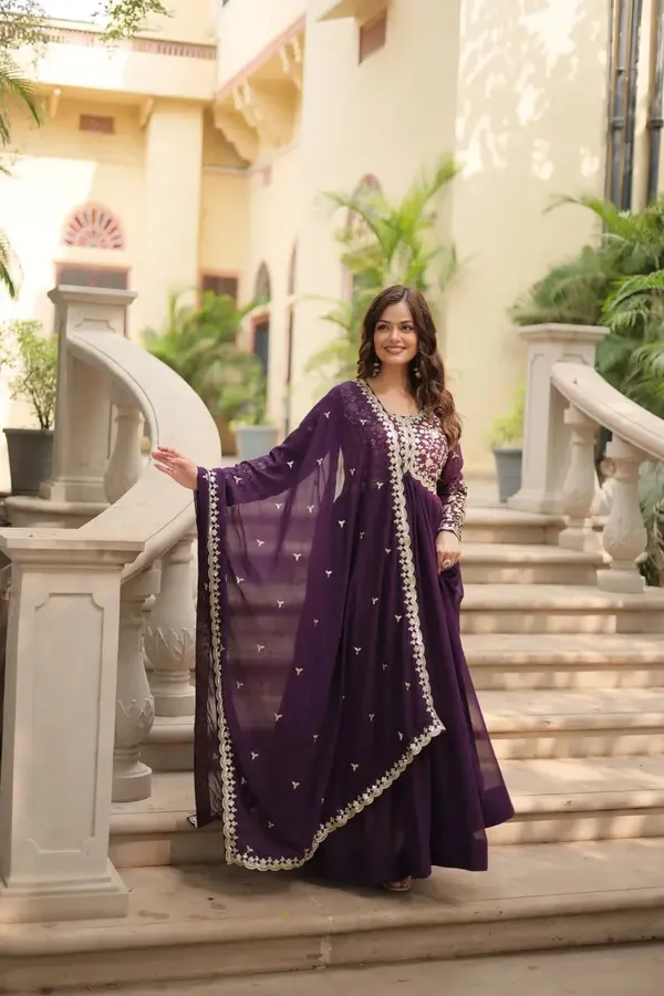 Cinder_Wine_Georgette_Multi_Sequins_Zari_Embroidery_Work_Gown_With_Dupatta_For_Women