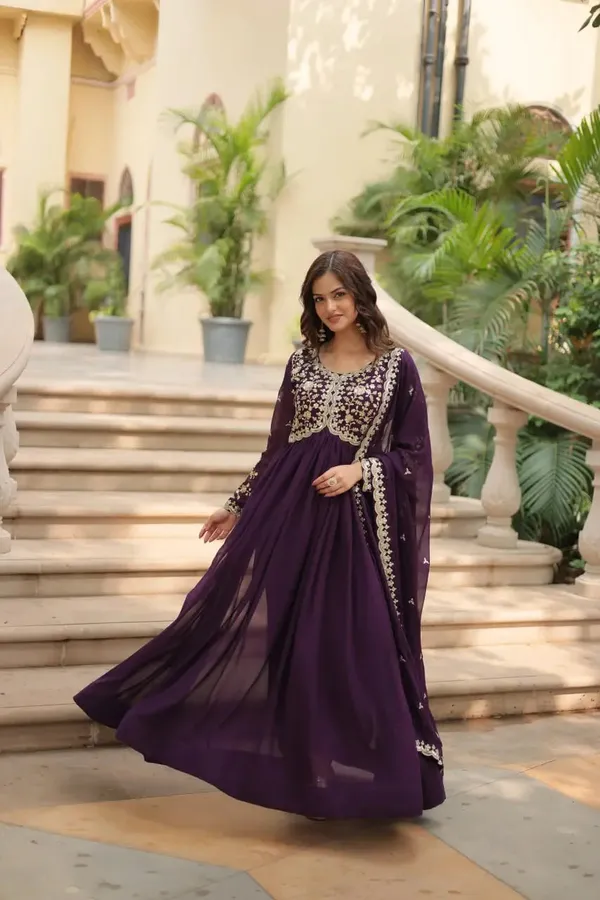 Cinder_Wine_Georgette_Multi_Sequins_Zari_Embroidery_Work_Gown_With_Dupatta_For_Women