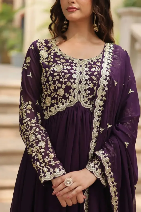 Cinder_Wine_Georgette_Multi_Sequins_Zari_Embroidery_Work_Gown_With_Dupatta_For_Women