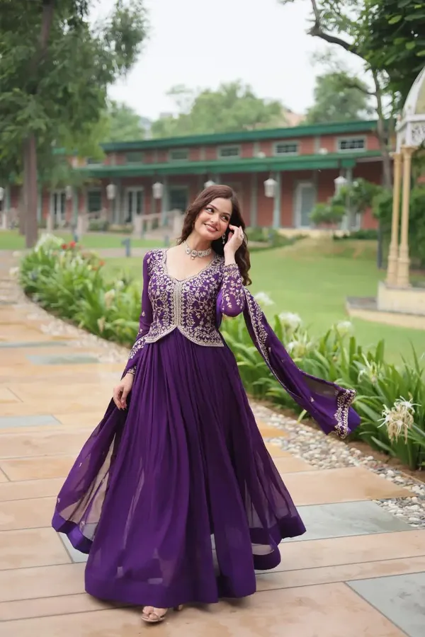 Dark_Purple_Zari_Multi_Sequins_Embroidery_Work_Georgette_Gown_With_Dupatta_For_Women