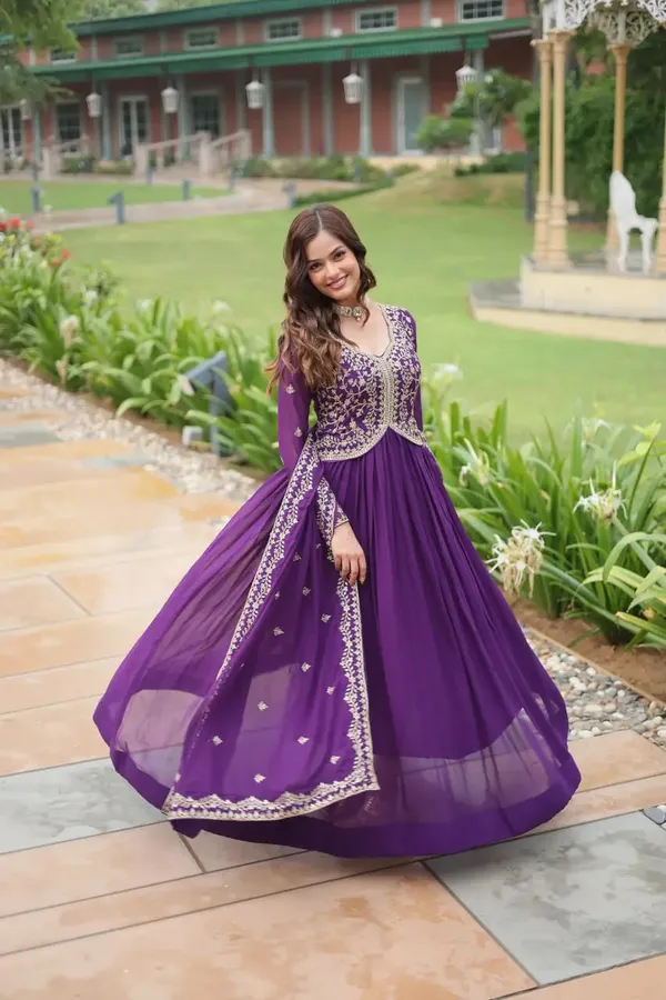 Dark_Purple_Zari_Multi_Sequins_Embroidery_Work_Georgette_Gown_With_Dupatta_For_Women