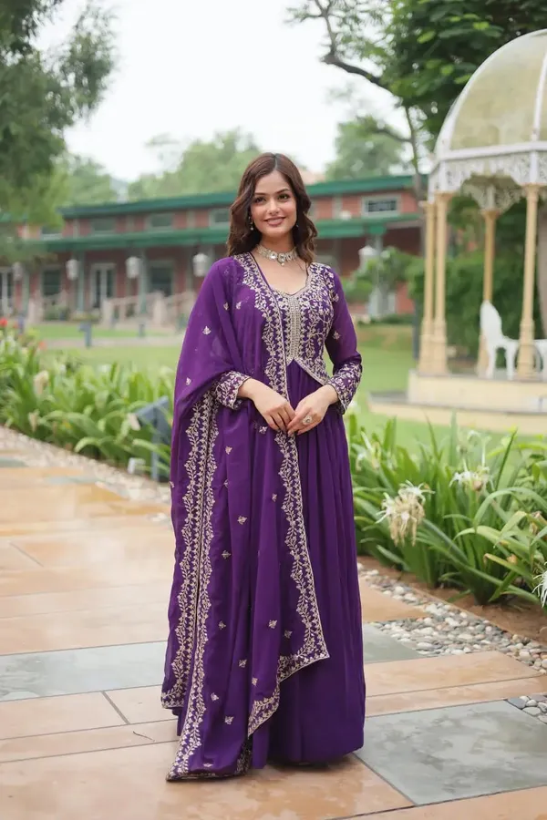 Dark_Purple_Zari_Multi_Sequins_Embroidery_Work_Georgette_Gown_With_Dupatta_For_Women