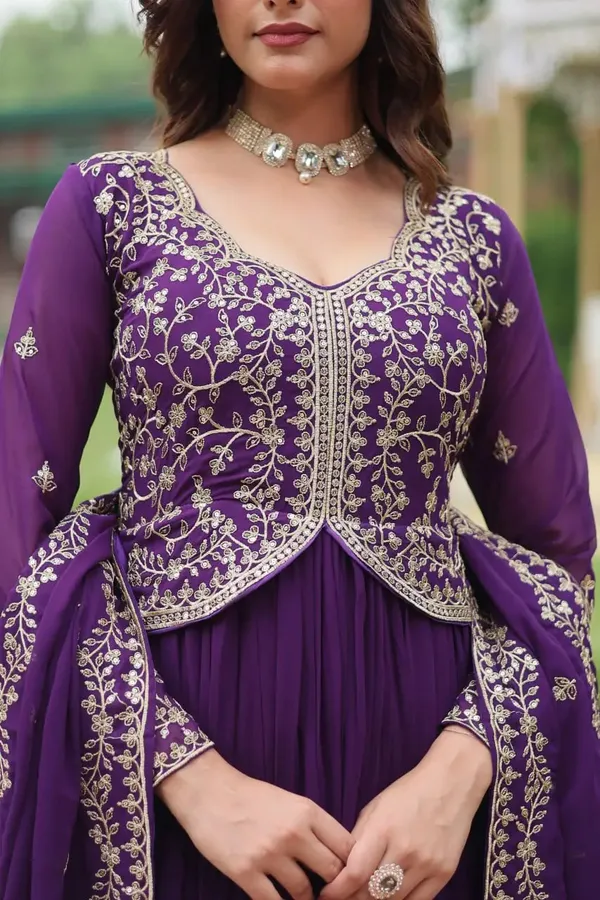 Dark_Purple_Zari_Multi_Sequins_Embroidery_Work_Georgette_Gown_With_Dupatta_For_Women
