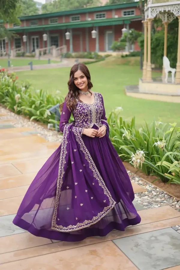 Dark_Purple_Zari_Multi_Sequins_Embroidery_Work_Georgette_Gown_With_Dupatta_For_Women