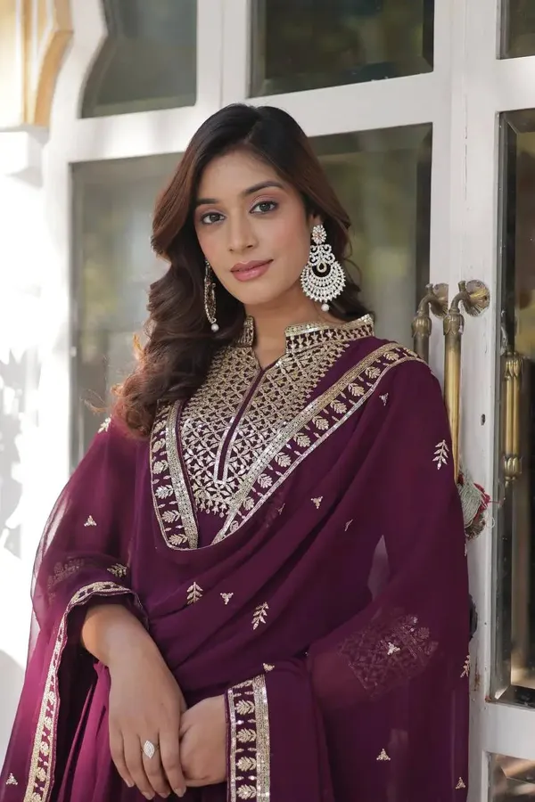 New_Wine_Georgette_Rich_Sequins_Embroidery_Work_Gown_With_Dupatta_For_Women