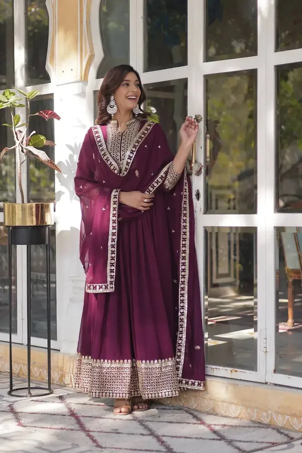 New_Wine_Georgette_Rich_Sequins_Embroidery_Work_Gown_With_Dupatta_For_Women