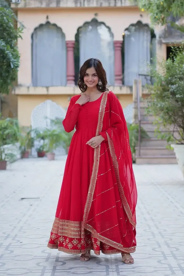 Hot_Red_Georgette_Gown_With_Multi_Sequins_Embroidery_Work_With_Dupatta_For_Women