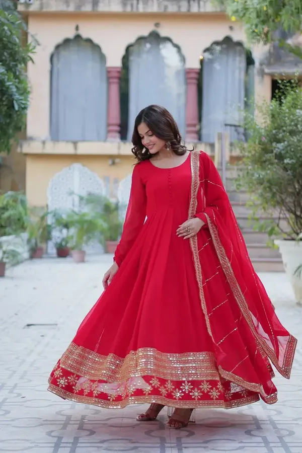 Hot_Red_Georgette_Gown_With_Multi_Sequins_Embroidery_Work_With_Dupatta_For_Women