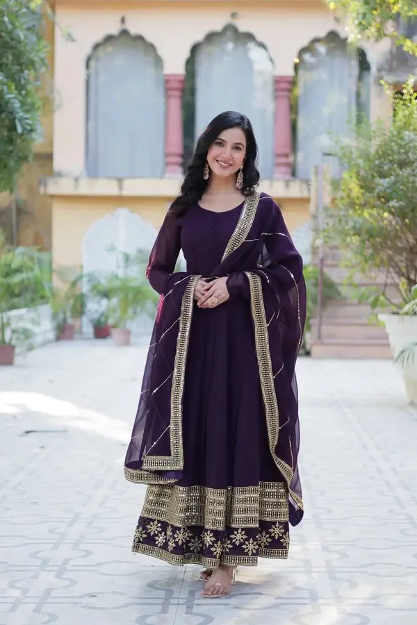 Deep_Wine_Georgette_Gown_With_Multi_Sequins_Embroidery_Work_With_Dupatta_For_Women