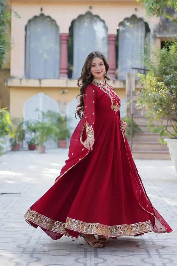 Maroon_Georgette_Gown_With_Rich_Sequins_Embroidered_Work_With_Dupatta_For_Women