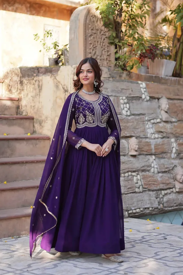 Purple_Beads_And_Sequins_Embroidery_Work_Gown_With_Dupatta_For_Women