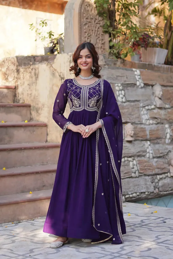 Purple_Beads_And_Sequins_Embroidery_Work_Gown_With_Dupatta_For_Women