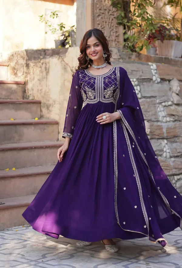 Purple_Beads_And_Sequins_Embroidery_Work_Gown_With_Dupatta_For_Women