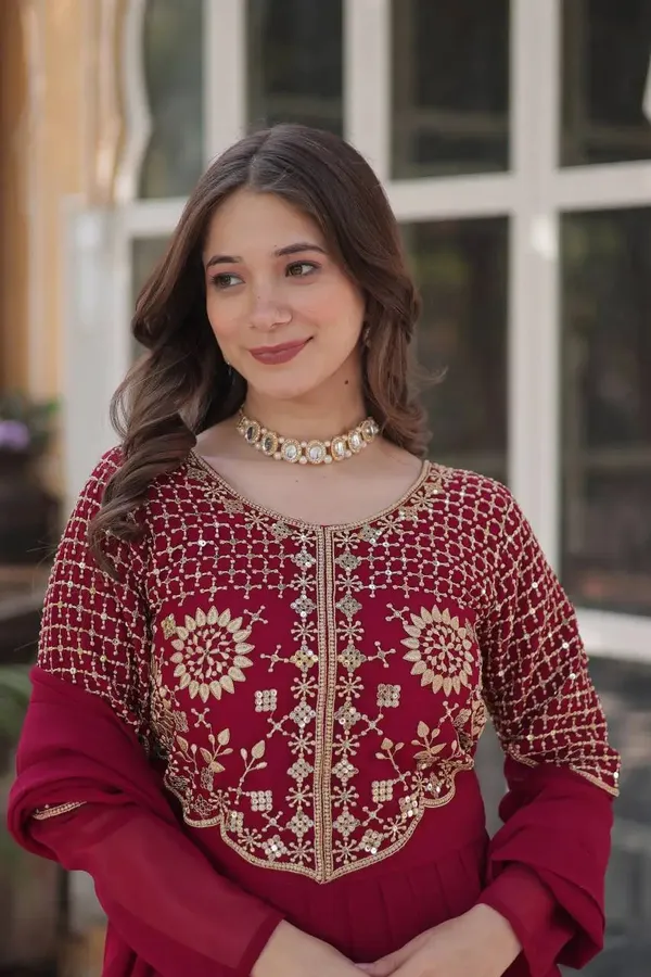 Maroon_Red_Attractive_Sequins_Embroidery_Work_Gown_And_Dupatta_For_Women