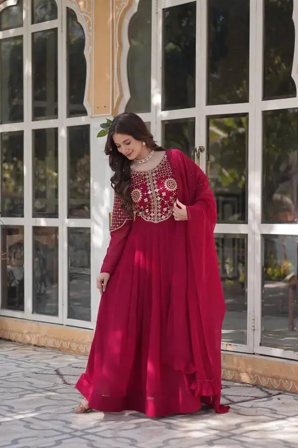 Maroon_Red_Attractive_Sequins_Embroidery_Work_Gown_And_Dupatta_For_Women