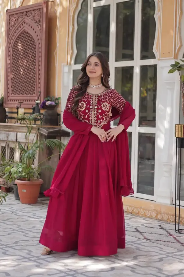 Maroon_Red_Attractive_Sequins_Embroidery_Work_Gown_And_Dupatta_For_Women
